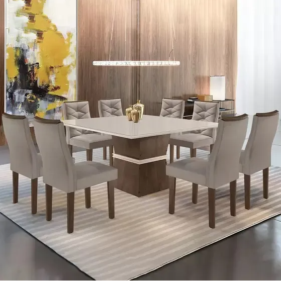 Mesa Riviera Tampo Slim Plus Vidro 8 Cadeiras Toronto Tecido Off Cinamo 171 CEL MÓVEIS