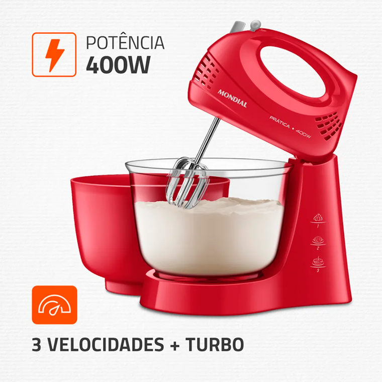Batedeira 3V B-45 2 Tigelas 400W Vermelho/Inox Mondial
