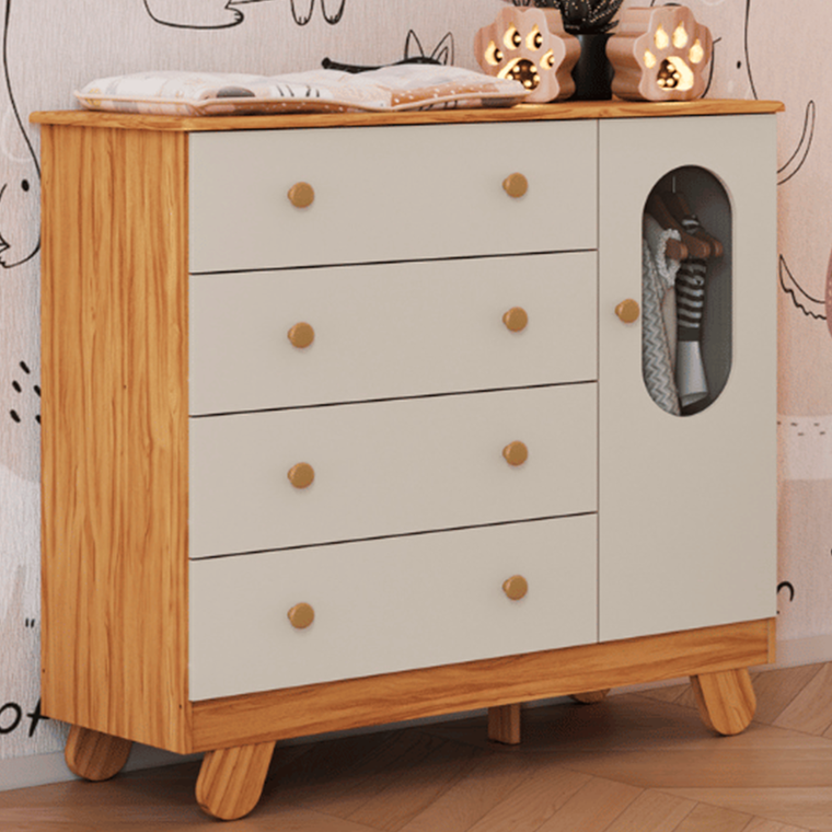 Comoda 1P Pingo Janela Amendoa/Branco Brilho Peroba