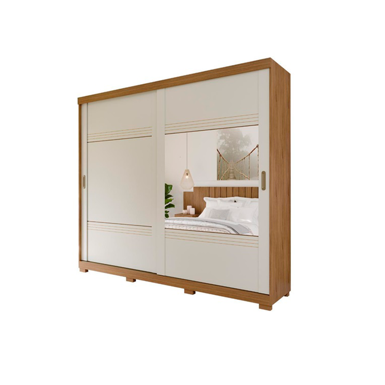 Roupeiro 2 Portas Blumenau Slide com 2 Kits 2 Espelhos e Kit 8 Pés Retangular Menor Avelã/Off White Panan