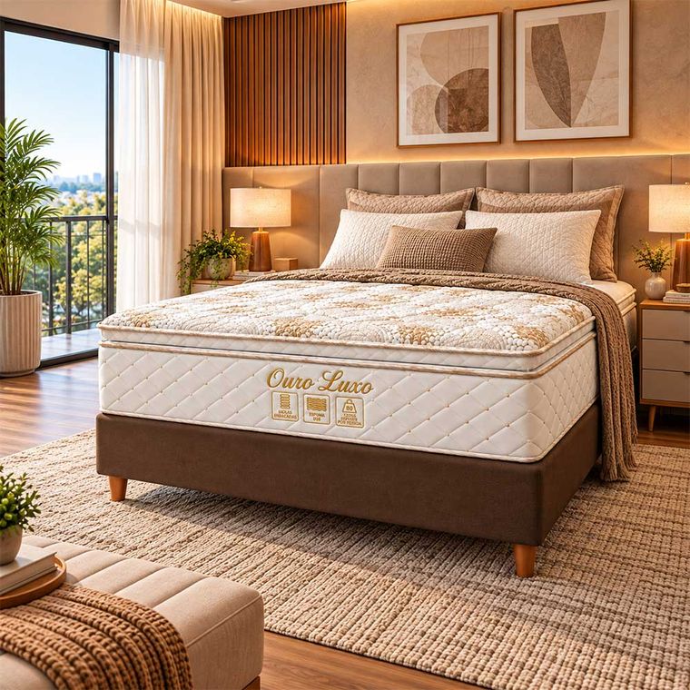 Conjunto Box Casal Ouro Luxo com Pillow Top e Molas Ensacadas 138x188 Softflex