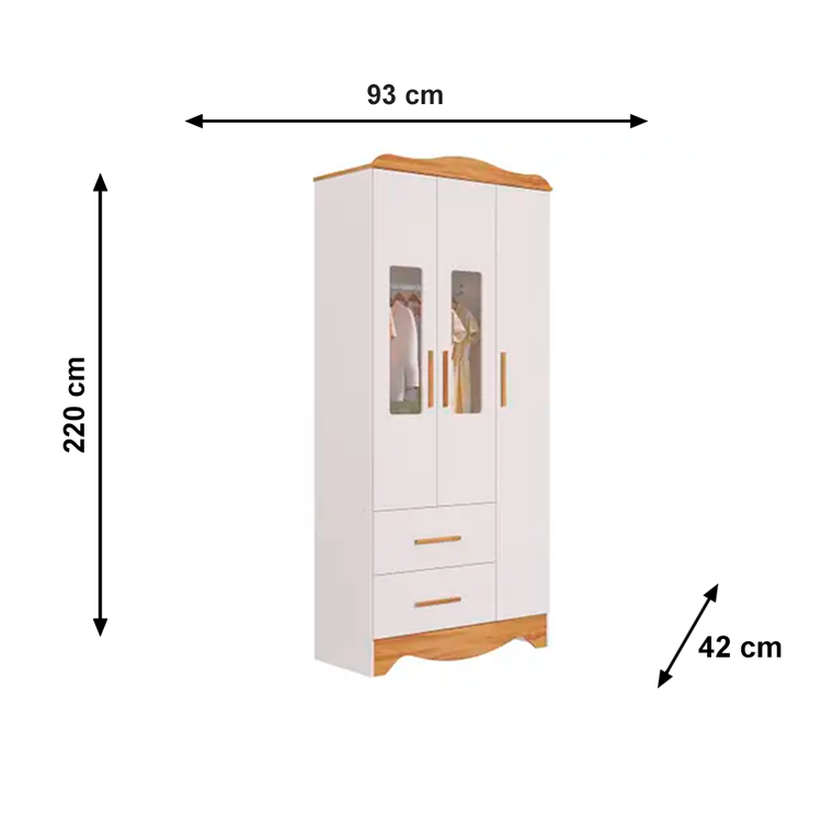 Roupeiro Clara Plus 3 Portas Branco Brilho/Amendoa Peroba