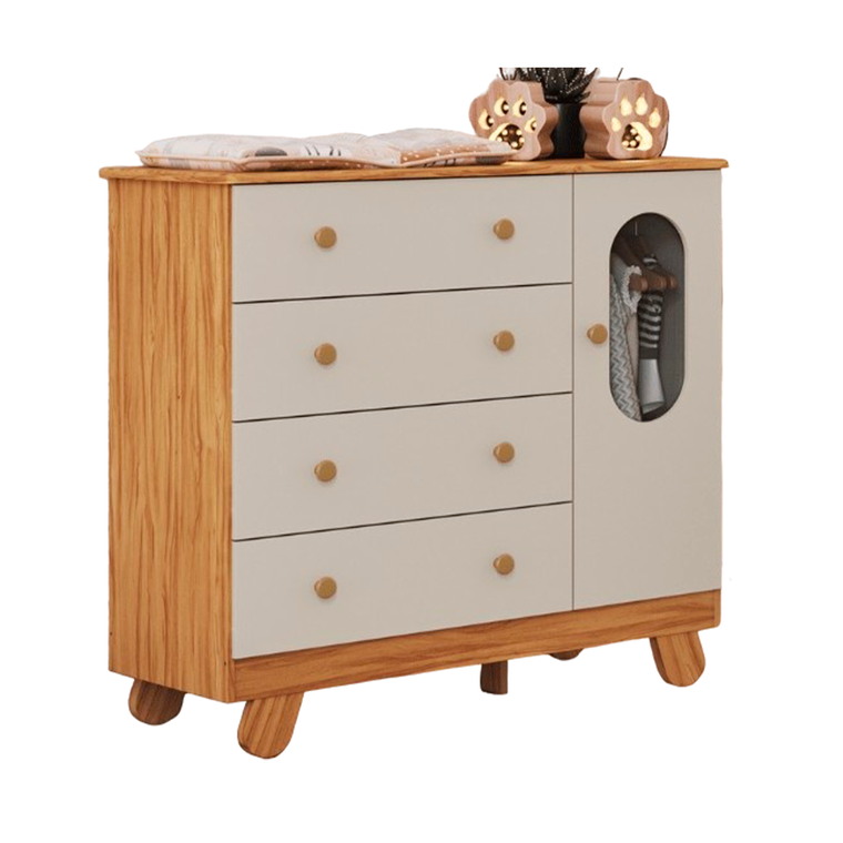 Comoda 1P Pingo Janela Amendoa/Branco Brilho Peroba