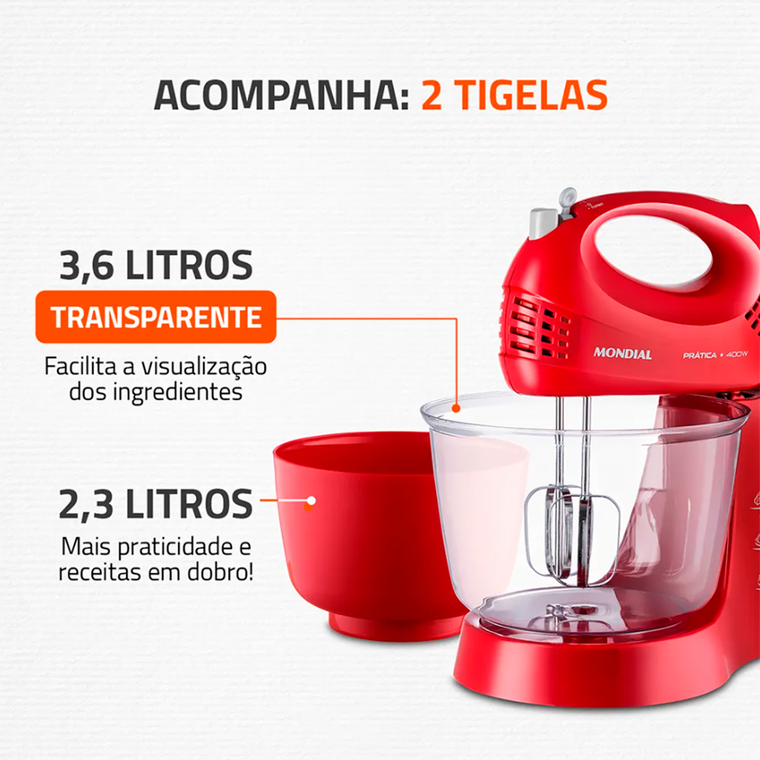Batedeira 3V B-45 2 Tigelas 400W Vermelho/Inox Mondial