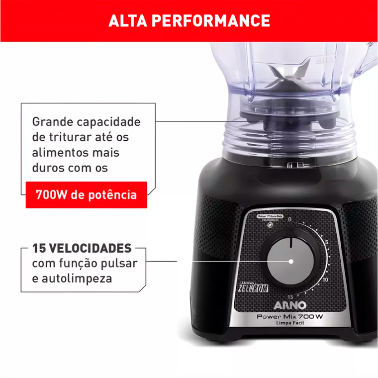 Liquidificador LQ33 15V Power Mix Limpa Fácil LN2968B2 700W Preto Arno