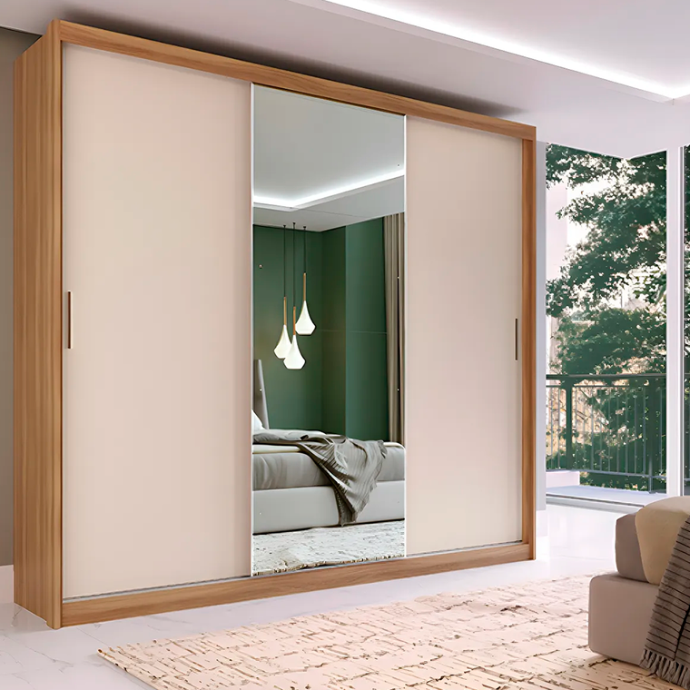 Roupeiro Casal 3  Portas 4 Gavetas 5 Prateleiras Dalila com 1Porta com Espelho com Pé Cinamon/Off White Demobile 