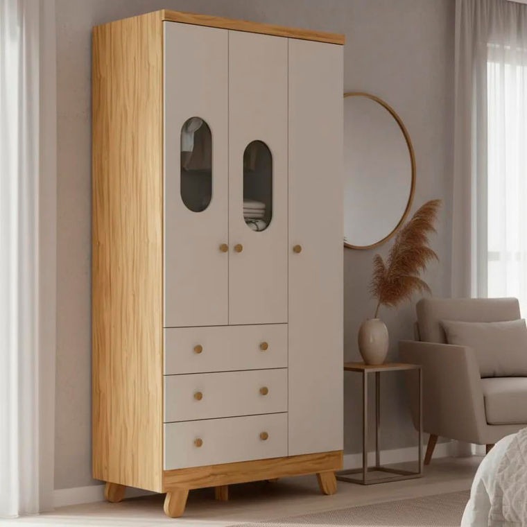 Armário 3 Portas Pingo Janela Amendoa/Branco Brilho Peroba 