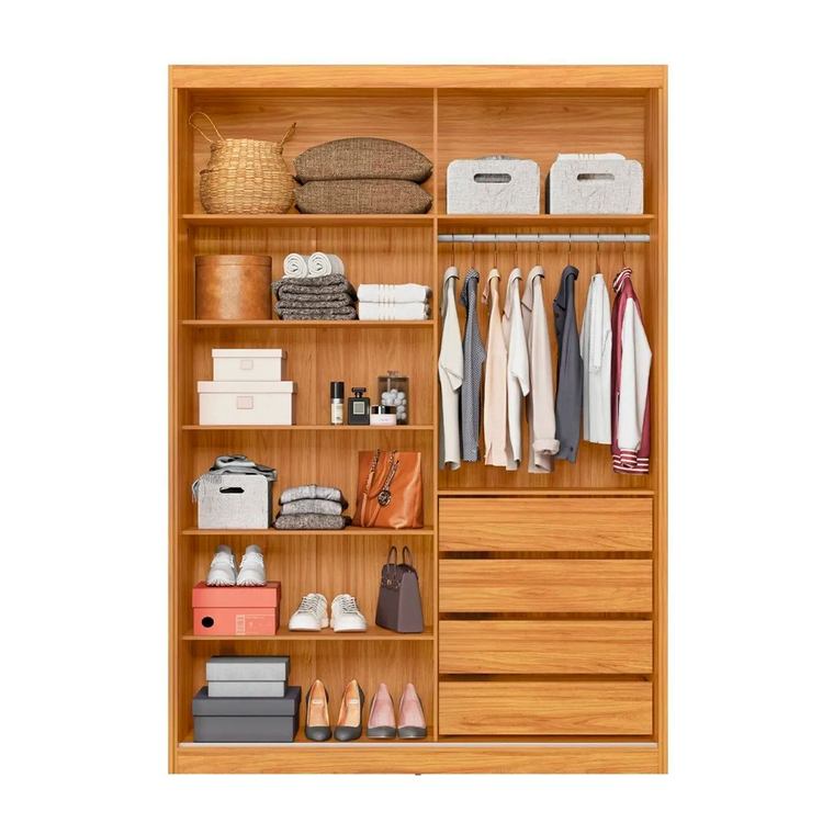 Roupeiro Casal 2 Portas 4 Gavetas 5 Prateleiras Riva com 1 Porta com Espelho e Pés Cinamon/Off White Demobile 