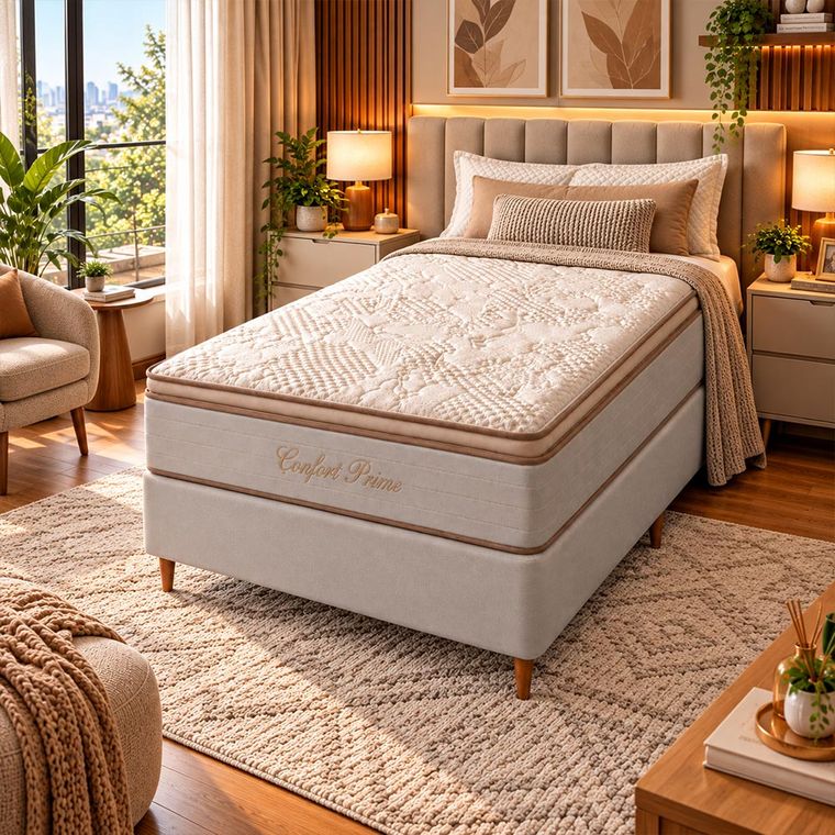 Conjunto Box Solteiro Confort Prime com Pillow Top e Molas Ensacadas 88x188 Softflex