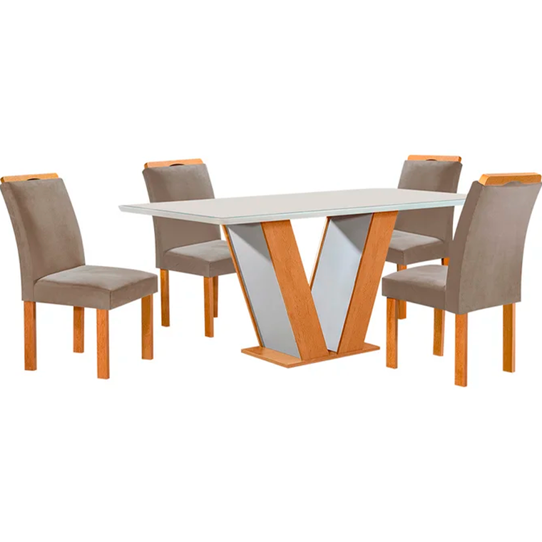 Mesa Qatar Tampo de Vidro Plus 4 Cadeiras Londres Tecido Cinamo Off 169 CEL MÓVEIS 