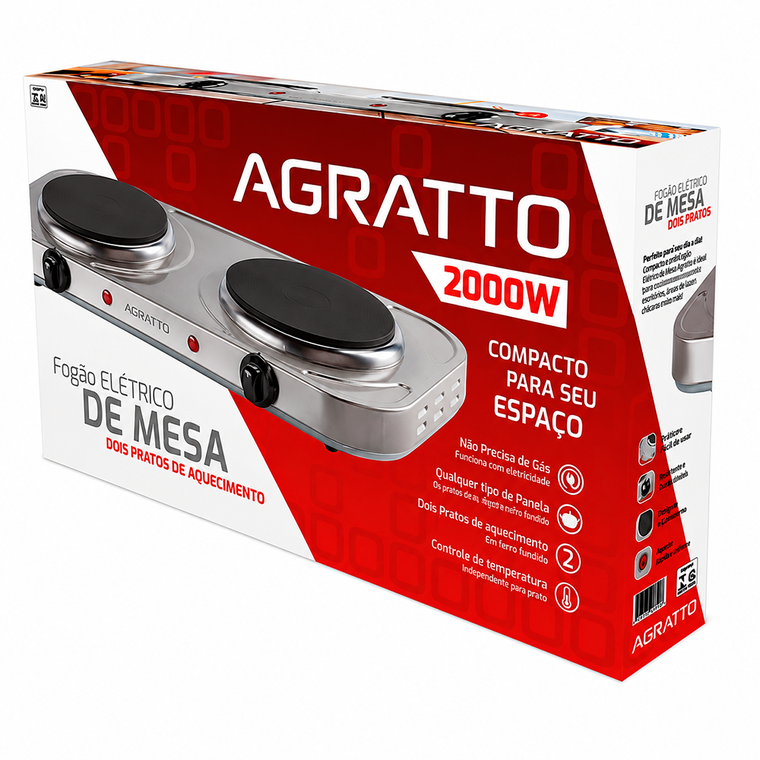 Fogão Elétrico de Mesa 2 Bocas Inox 2000W Agratto