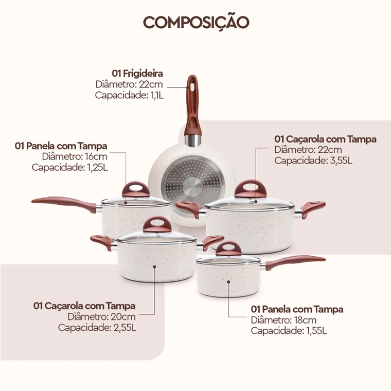 Jogo Panelas 5 Peças Smart Plus Antiaderente Vanilla Brinox 