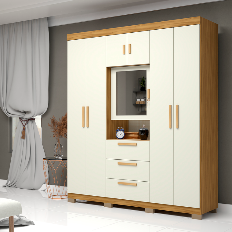 Roupeiro Catania Luxo Com Pés/Espelho Freijo Off White Avelan