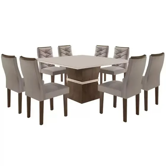 Mesa Riviera Tampo Slim Plus Vidro 8 Cadeiras Toronto Tecido Off Cinamo 171 CEL MÓVEIS