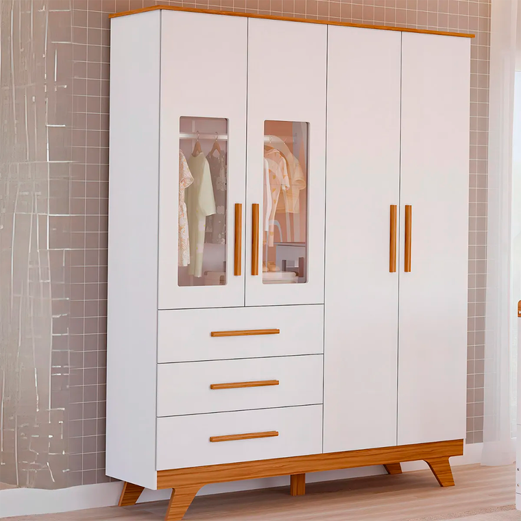 Armario 4P Guti Retro Lisa Branco Brilho/Amendoa Peroba