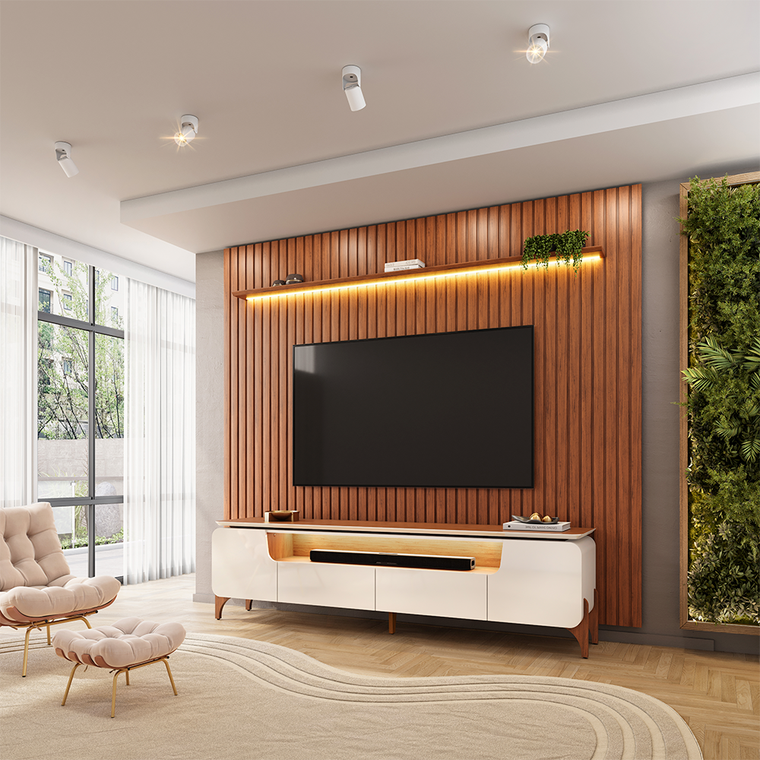 Painel Pratic com Bancada Alicia e Led 2230x2400 Cedro/Bali DJ Moveis