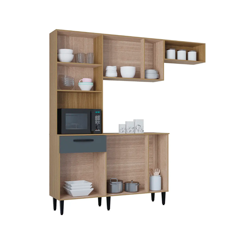 Cozinha Dora 10 Portas 1G com Balcão Dm Ripado/Cinza Poquema