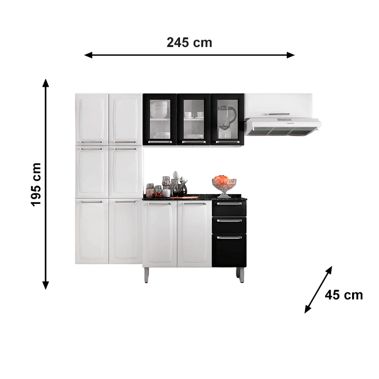 Cozinha Completa Branca e Preta em Aço 4 Peças Luce com 3 Vidros Itatiaia