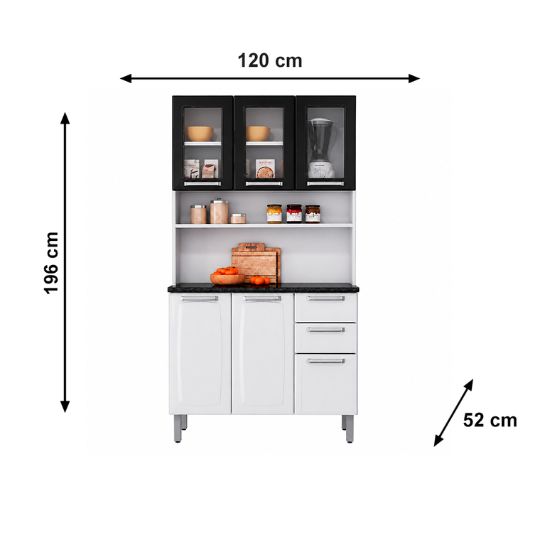 Armário kit de Cozinha Compacta Branco/Preto 120 em Aço 6 Portas 2 Gavetas Pratika Itatiaia
