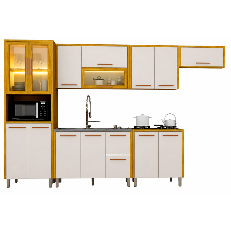 Cozinha Completa 6 Peças Donna Vidro Reflecta com Led Cinamomo/Off White Chf Moveis
