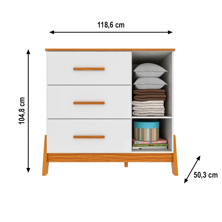 Comoda 1P Guti Retro Lisa Branco Brilho/Amendoa Peroba