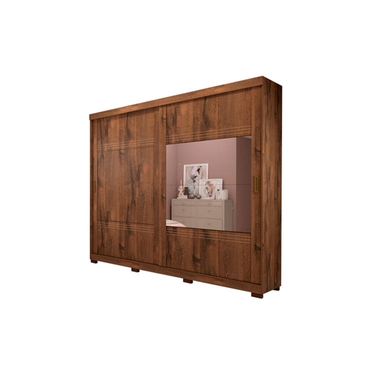 Roupeiro 2 Portas Blumenau Slide com Kit 2 Espelho e Kit 8 Pés Retangular Menor Café Panan