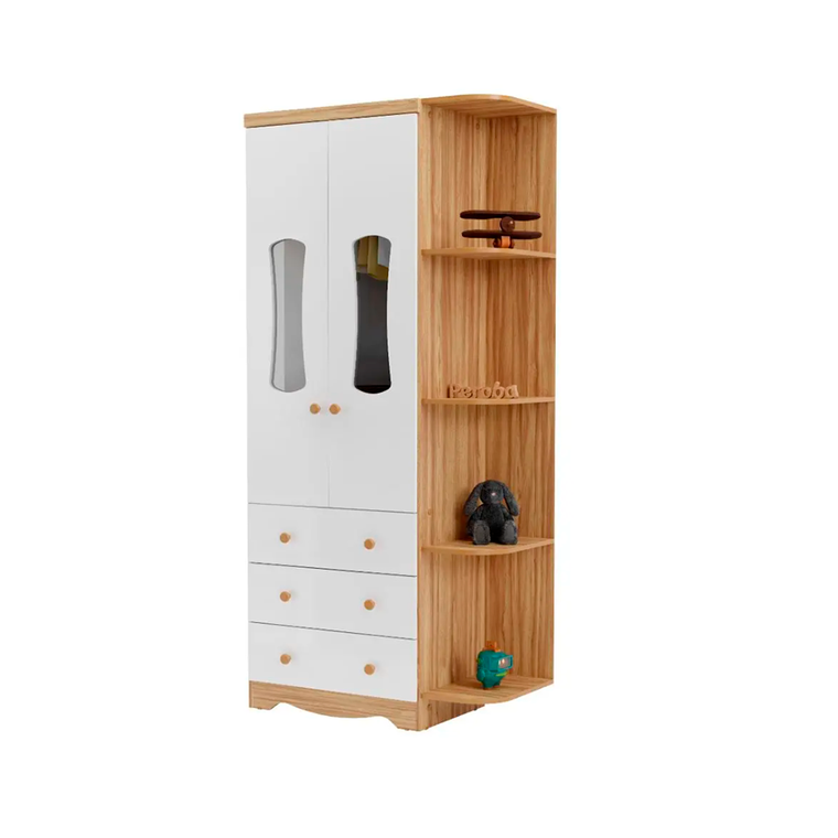 Roupeiro Luna 2 Portas com Prateleira Externa Branco Brilho/Amendoa Peroba