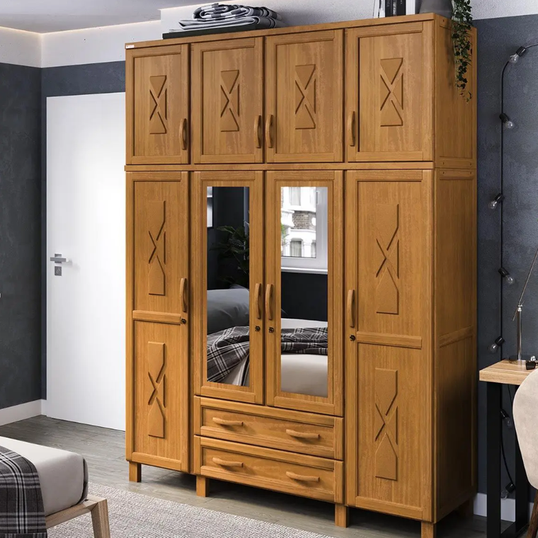 Roupeiro Dallas SUP 4P Pequenas 2P Grandes C/APLIQ 2P ESP Puxador Madeira Carvalho Acetinado Tozetto