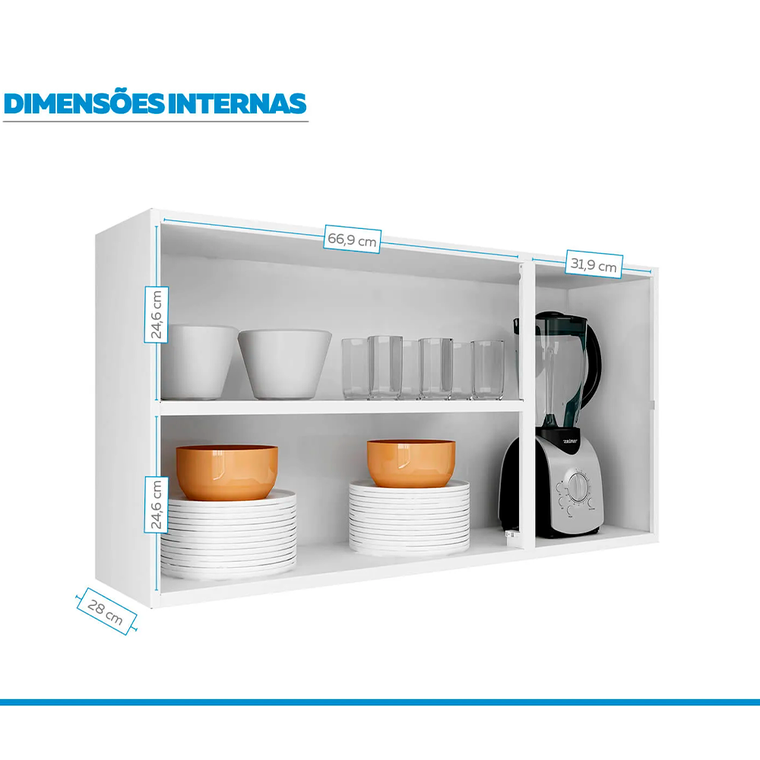 Armário Aéreo de Cozinha Branco 3 Portas com Vidro Luce Itatiaia