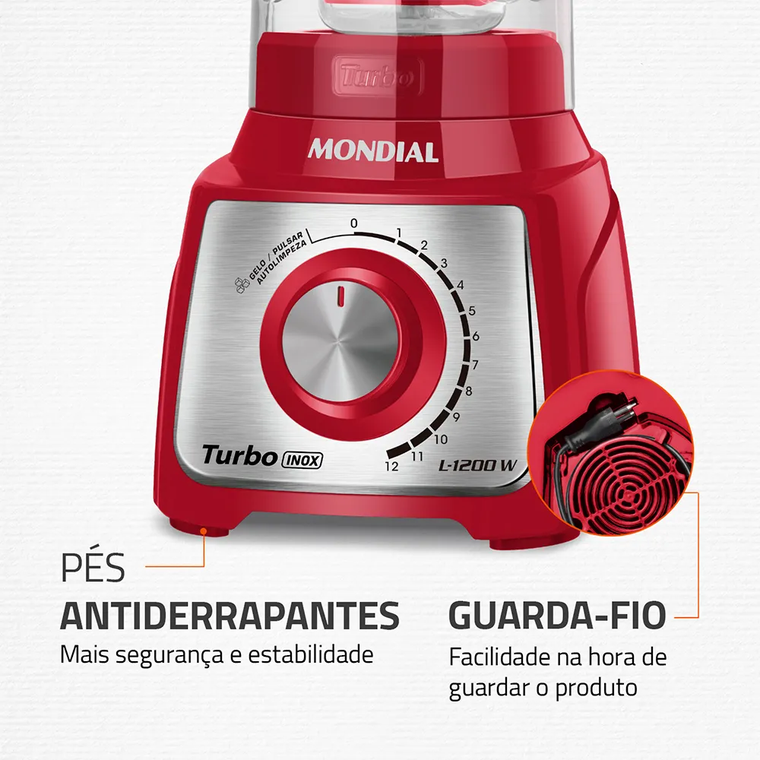 Liquidificador 12V Turbo L-1200 Vermelho/Inox Mondial