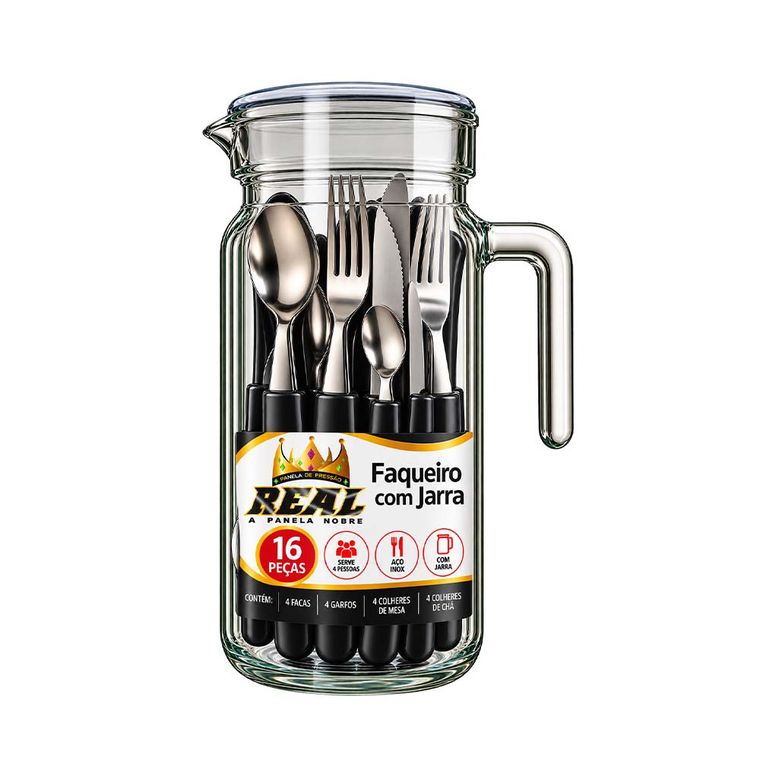 FAQUEIRO COM JARRA 16PÇS FLORENZA PRETO REAL