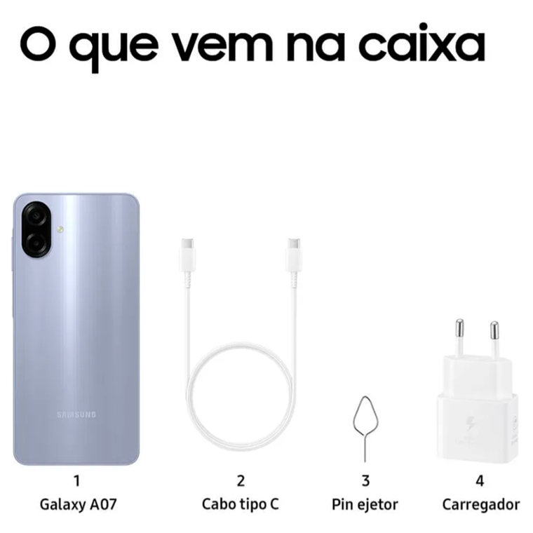 Smartphone Samsung A07 128GB Violeta 4GB RAM Tela 6,7" Câm. Dupla + Selfie 8MP