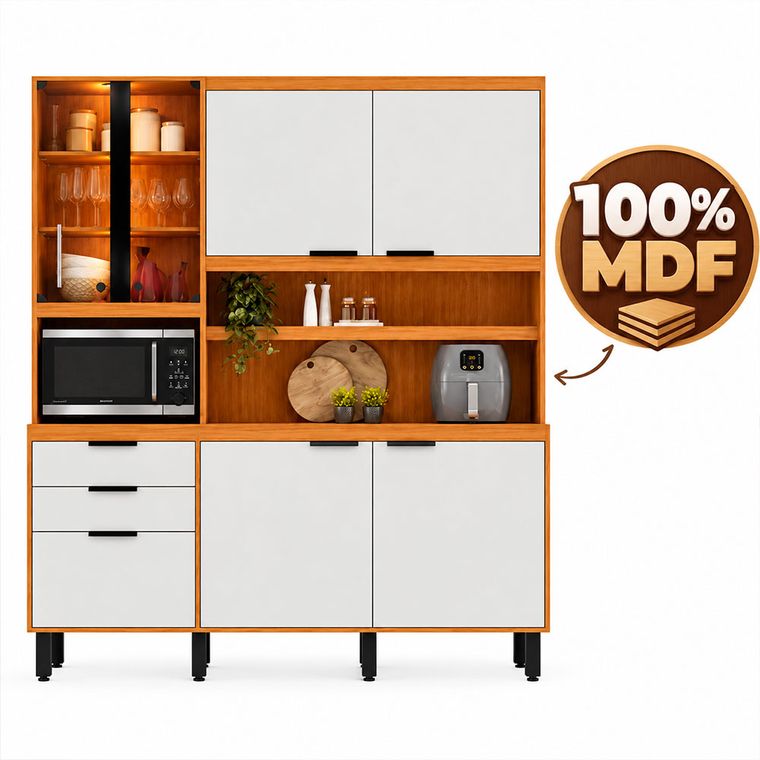 Armário Kit Murano 7 Portas 2 Gavetas 100% MDF Freijó UV/Off White Acetinado Poliman