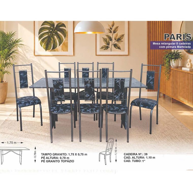 Mesa 8 Cadeiras Paris N39 Granito Luxo Aço Coelho
