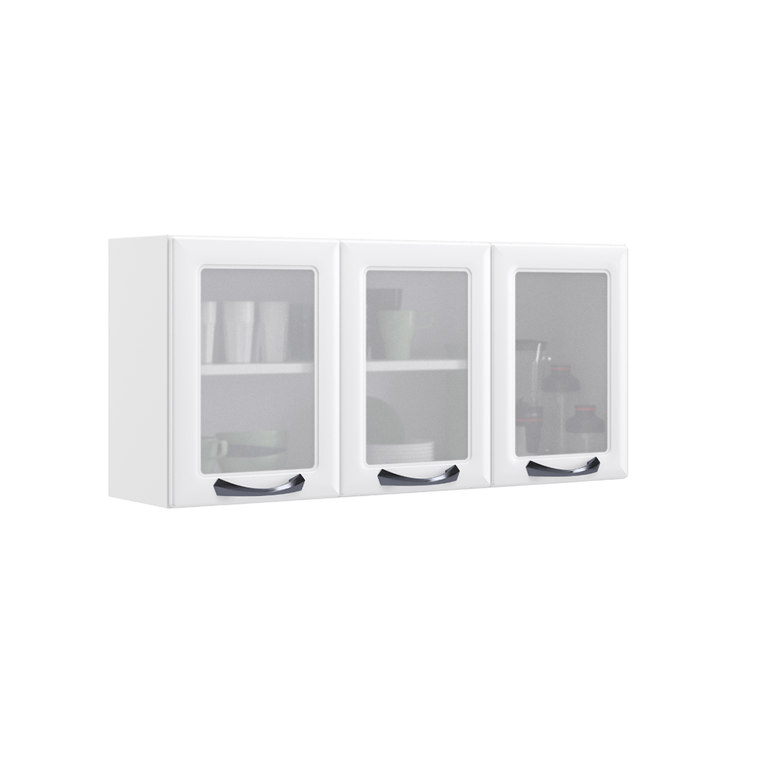 Armário Aéreo de Cozinha Branco 3 Portas com Vidro New Premium Itatiaia