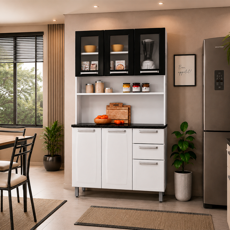 Armário kit de Cozinha Compacta Branco/Preto 120 em Aço 6 Portas 2 Gavetas Pratika Itatiaia