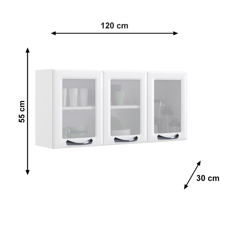 Armário Aéreo de Cozinha Branco 3 Portas com Vidro New Premium Itatiaia