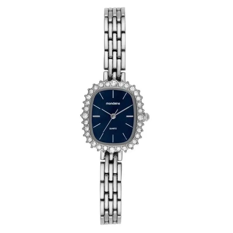 Relógio Mondaine Feminino Quadrado Cristais Prata/Azul
