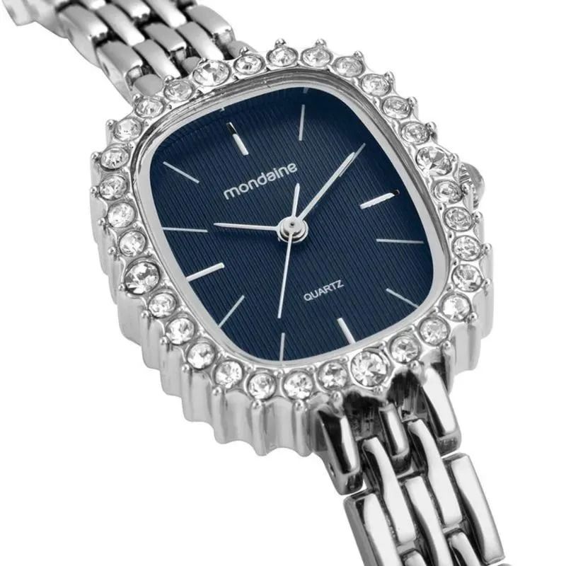 Relógio Mondaine Feminino Quadrado Cristais Prata/Azul