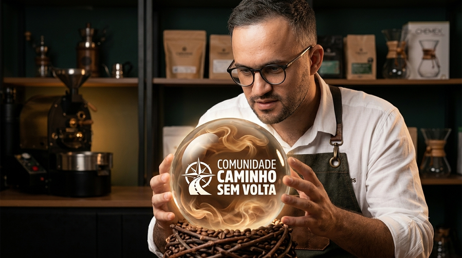 Alberto na torrefação segurando a marca da Comunidade Caminho Sem Volta