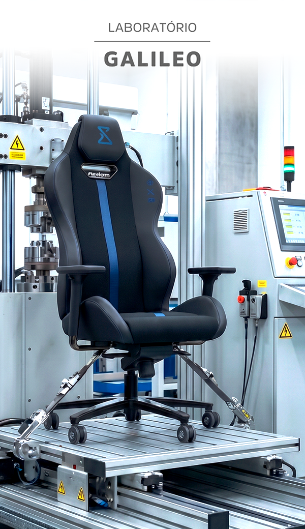 Equipamento de laboratório realizando testes em cadeira de escritório com a legenda “Laboratório Galileo”.
