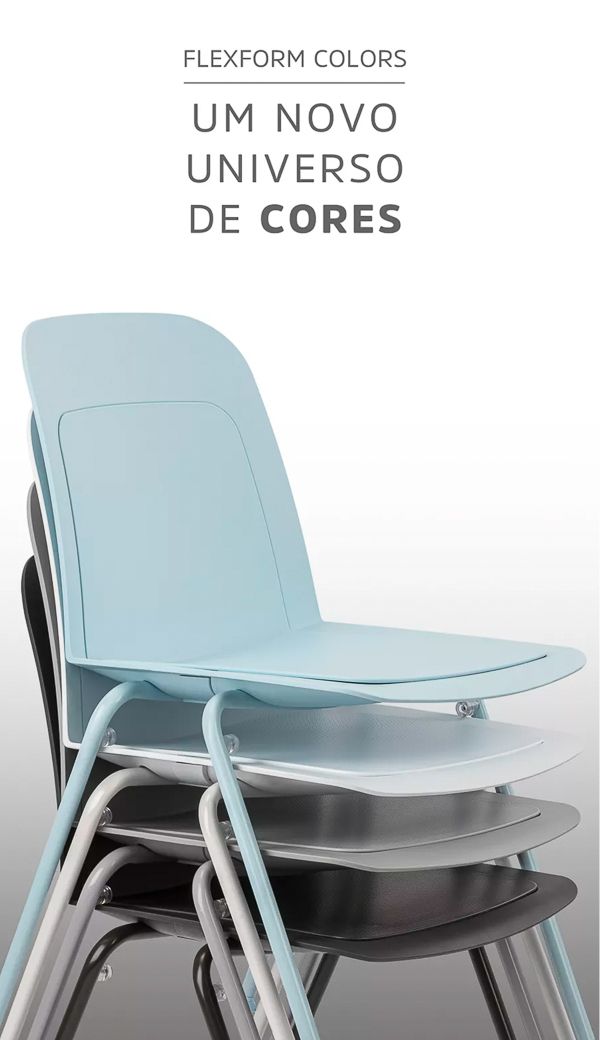Cadeiras sem apoio de braço, em diversas cores, empilhadas com a legenda “Flexform Colors: um novo universo de cores”.