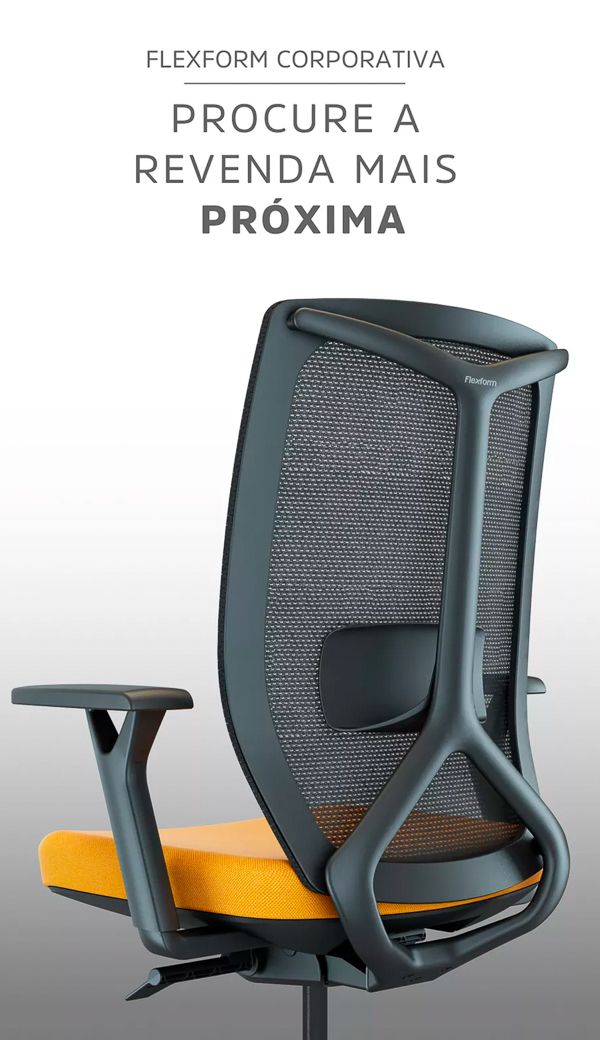 Cadeira de escritório com estofado laranja vista de trás com a legenda “Flexform Corporativa Encontre a revenda mais próxima”