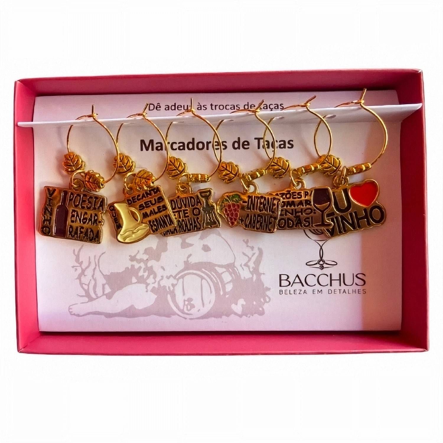 Conjunto Marcador de Taças Bacchus - Frases do Vinho Ouro
