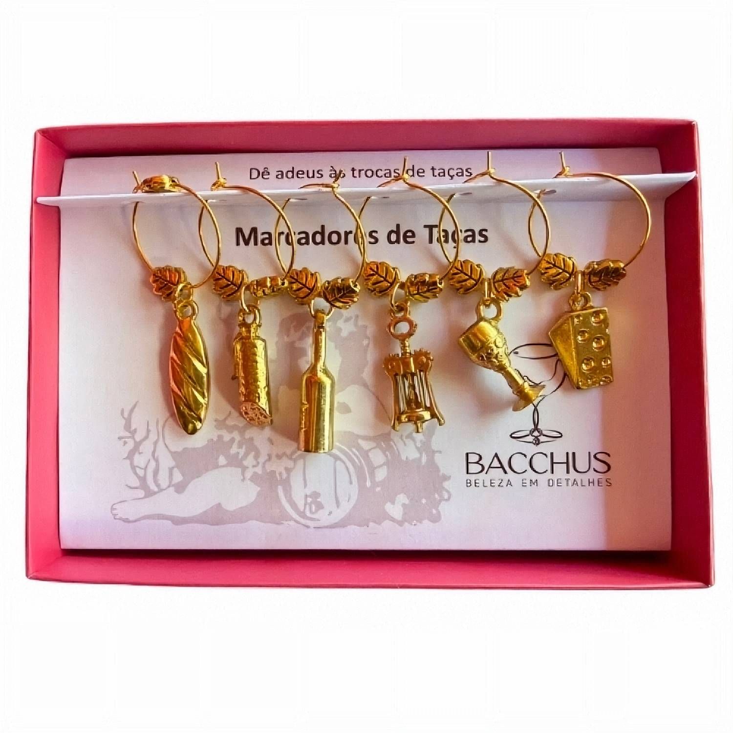 Conjunto Marcador de Taças Bacchus - Queijos e Vinho Ouro