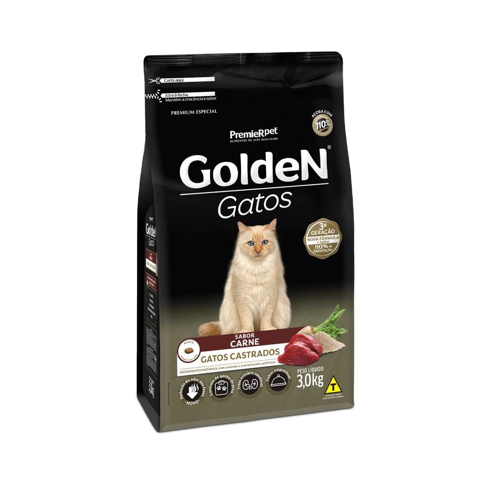 Ração Golden para Gatos Adultos Castrados Sabor Carne 3kg