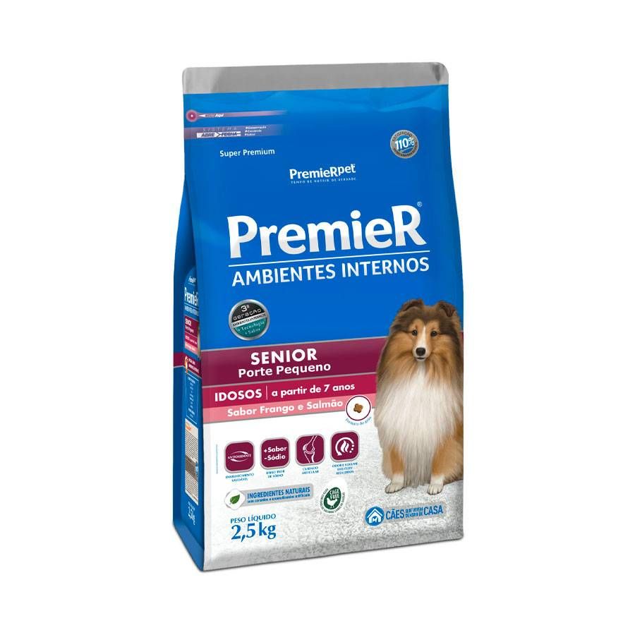Ração Premier Senior Ambientes Internos para Cães Adultos 7+ Sabor Frango e Salmão - 2,5kg