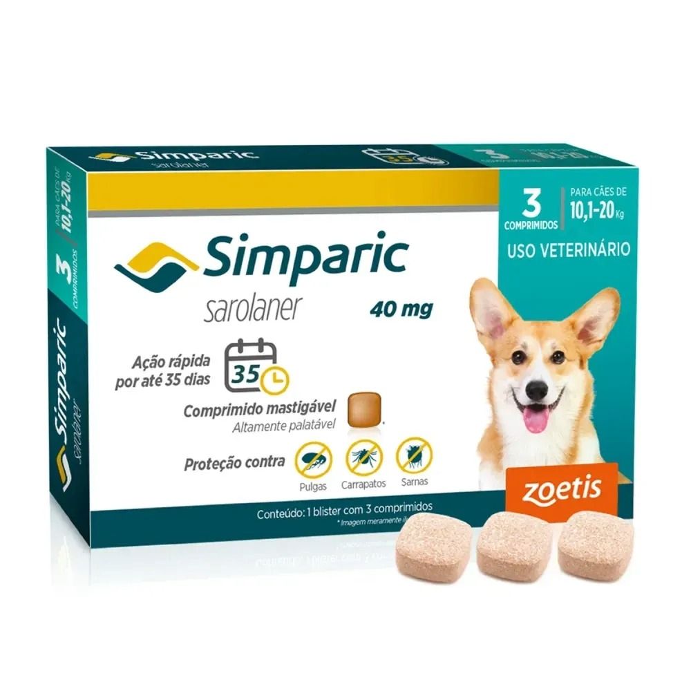 Antipulgas Simparic 40 mg para cães 10,1 a 20 kg - Zoetis com 3 Comprimidos