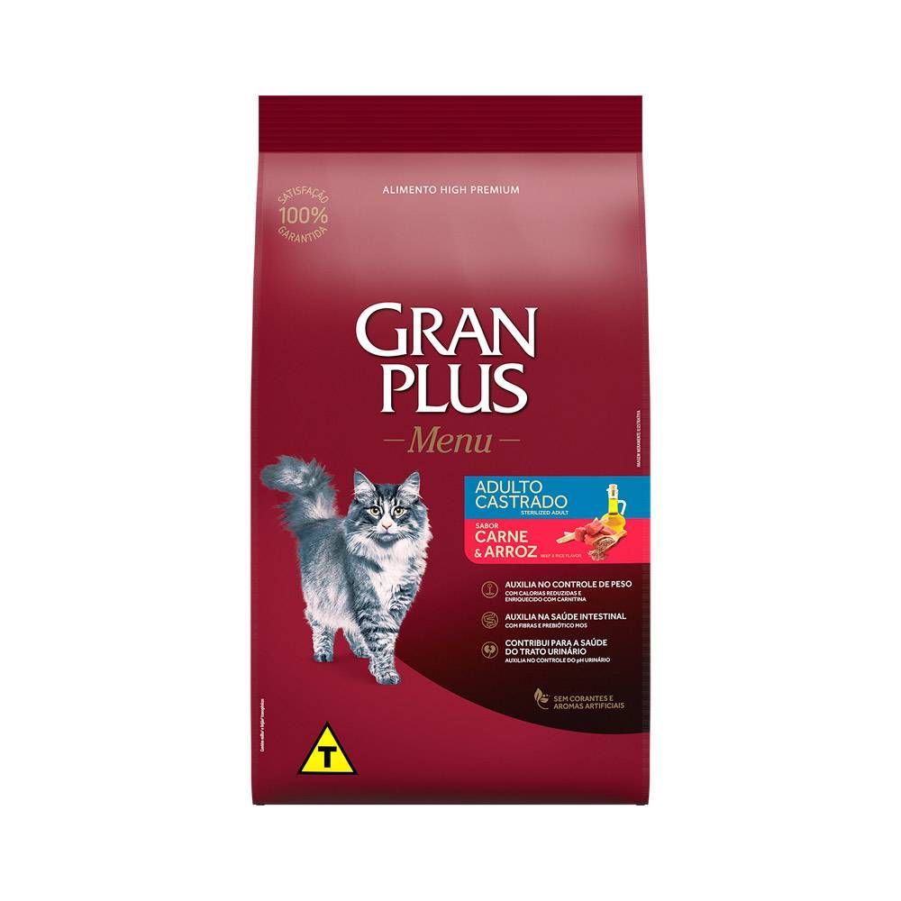 Ração GranPlus para Gatos Adultos Castrados sabor Carne e Arroz 3kg