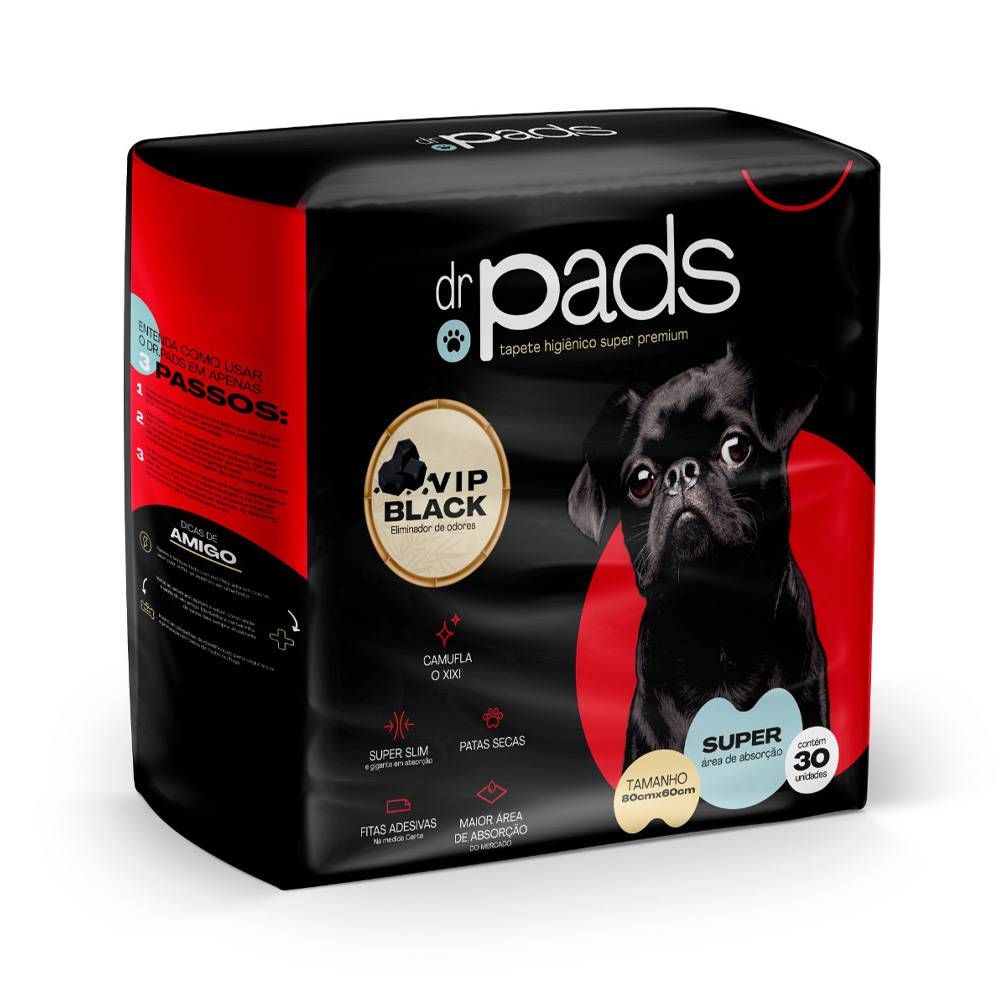 Tapete Higiênico Dr. Pads Vip Black 80x60 para Cães 30 Unidades